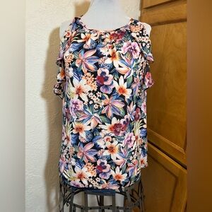 Blue and Pink Ruffled Sleeveless Blouse